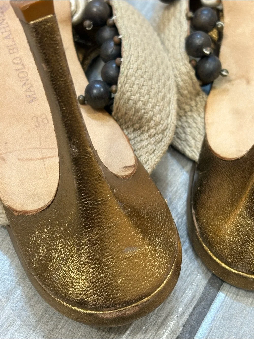 Manolo Blahnik Gold Rope-Trim Slide Sandals